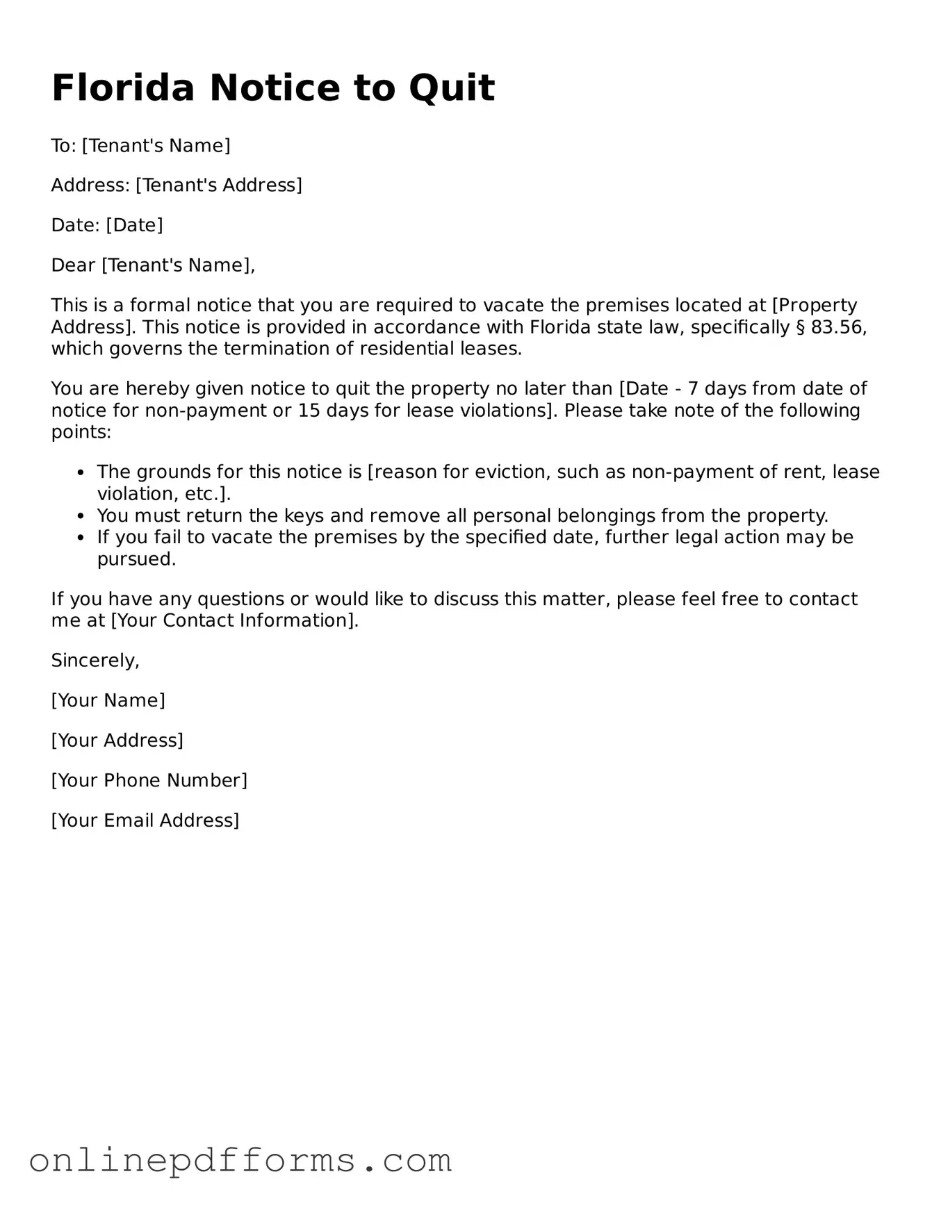 Blank Florida Notice to Quit Form