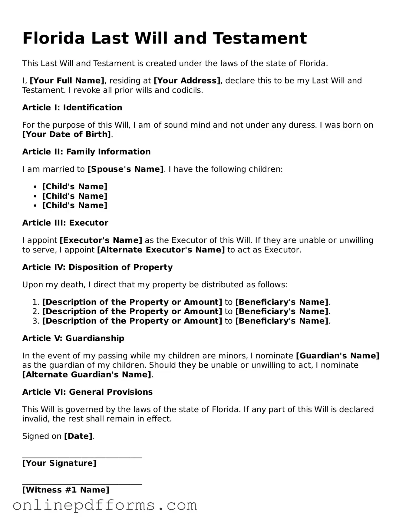 Blank Florida Last Will and Testament Form