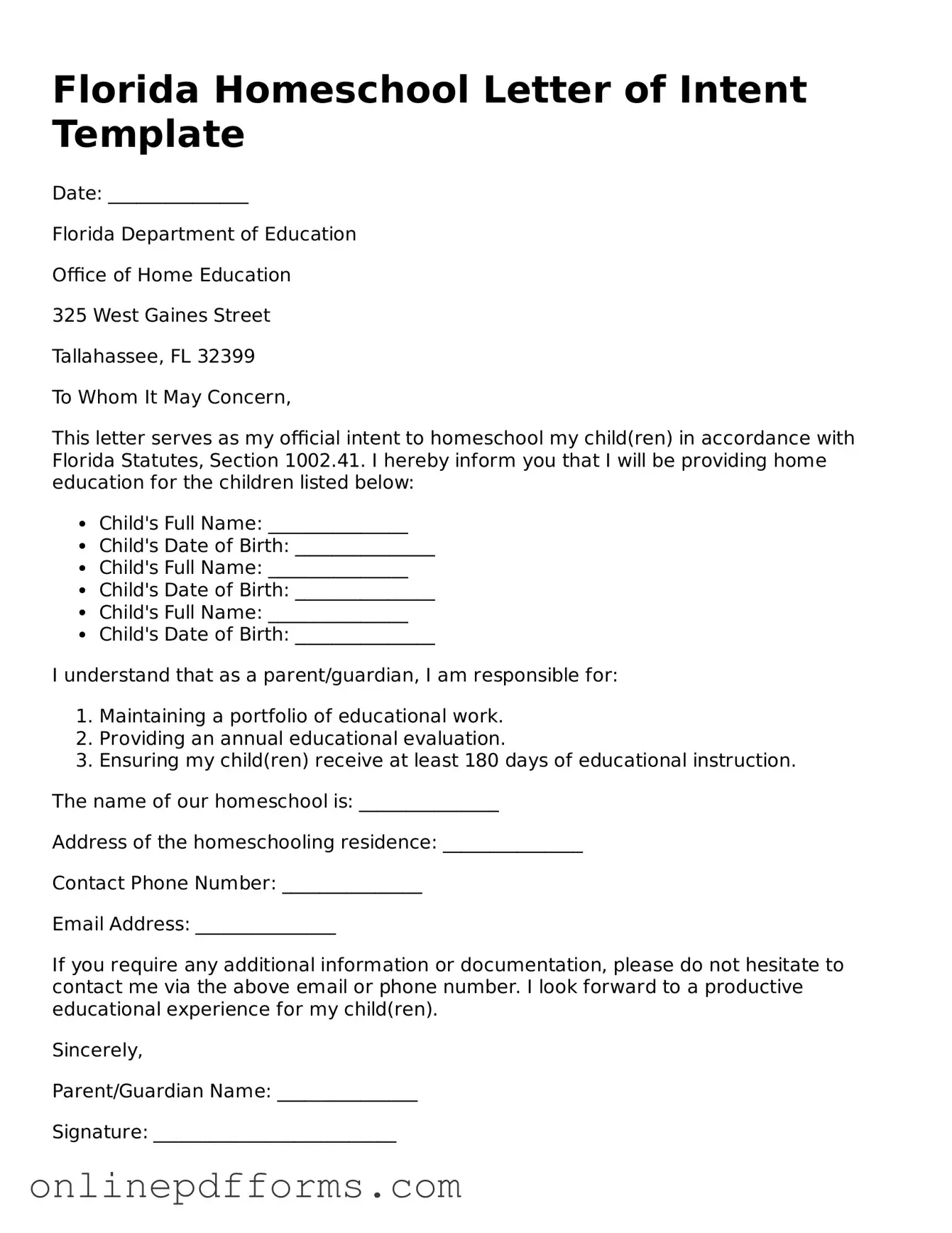 Blank Florida Homeschool Letter of Intent Form