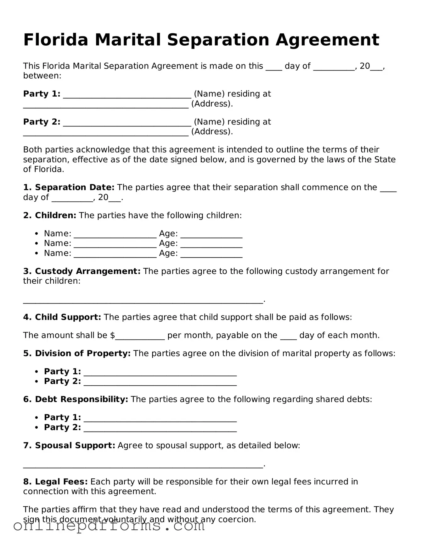 Blank Florida Marital Separation Agreement Form