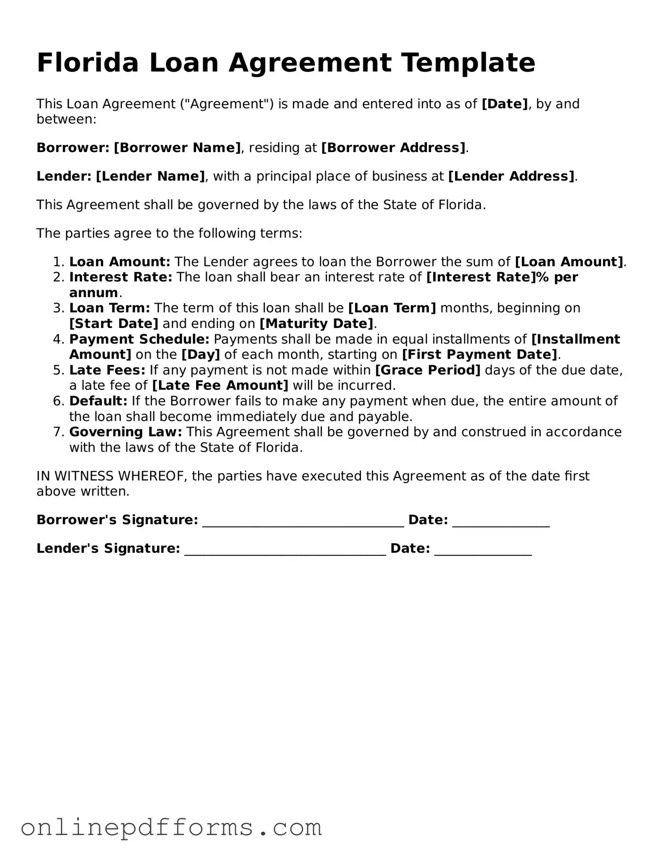 Blank Florida Loan Agreement Form