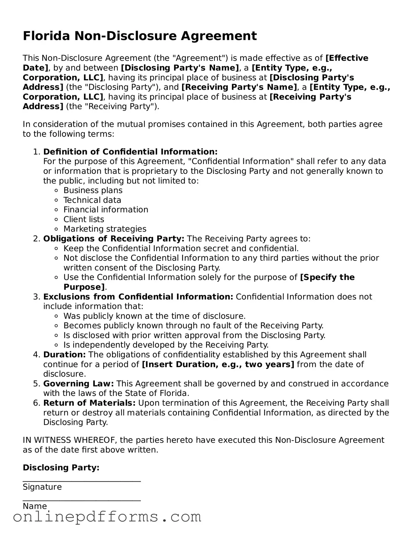Blank Florida Non-disclosure Agreement Form