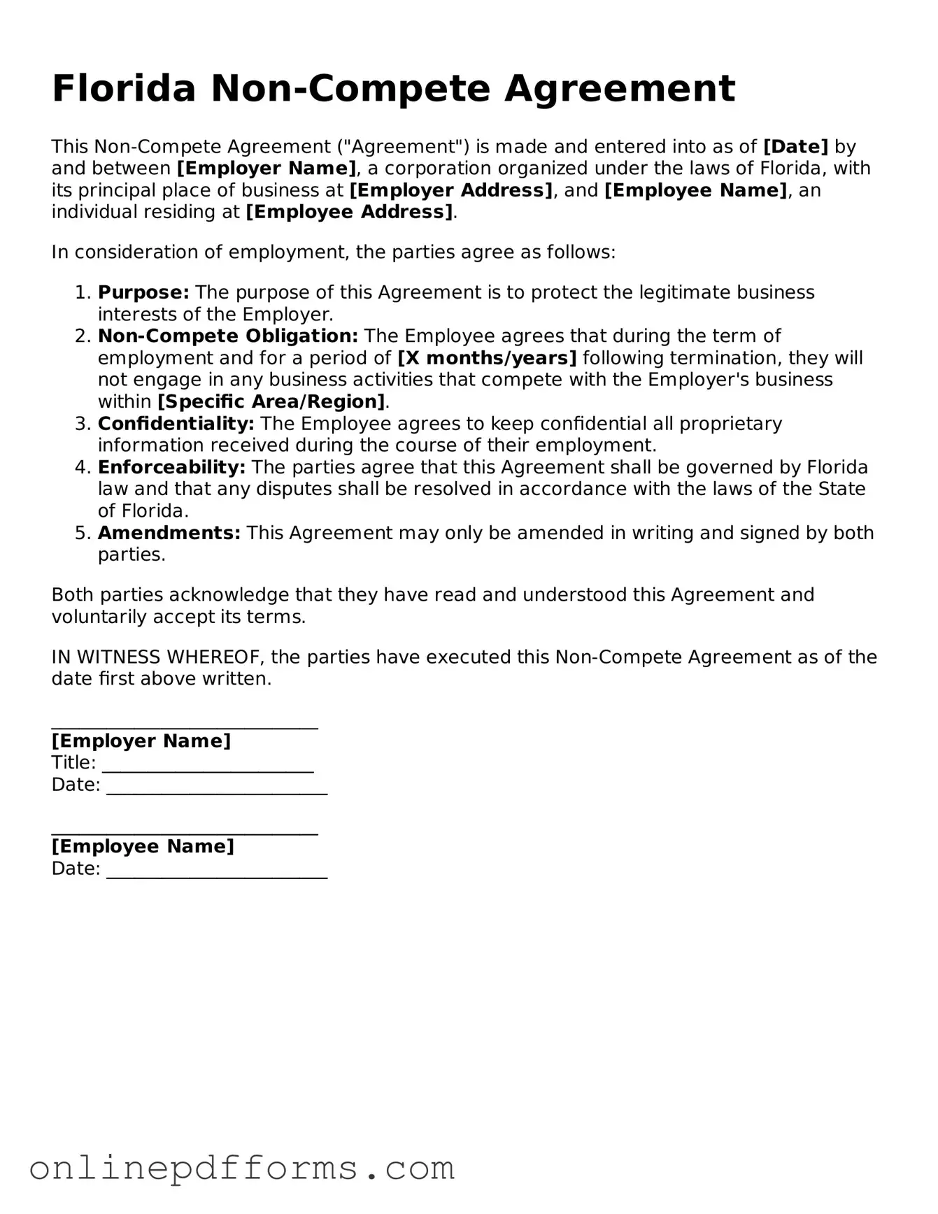 Blank Florida Non-compete Agreement Form