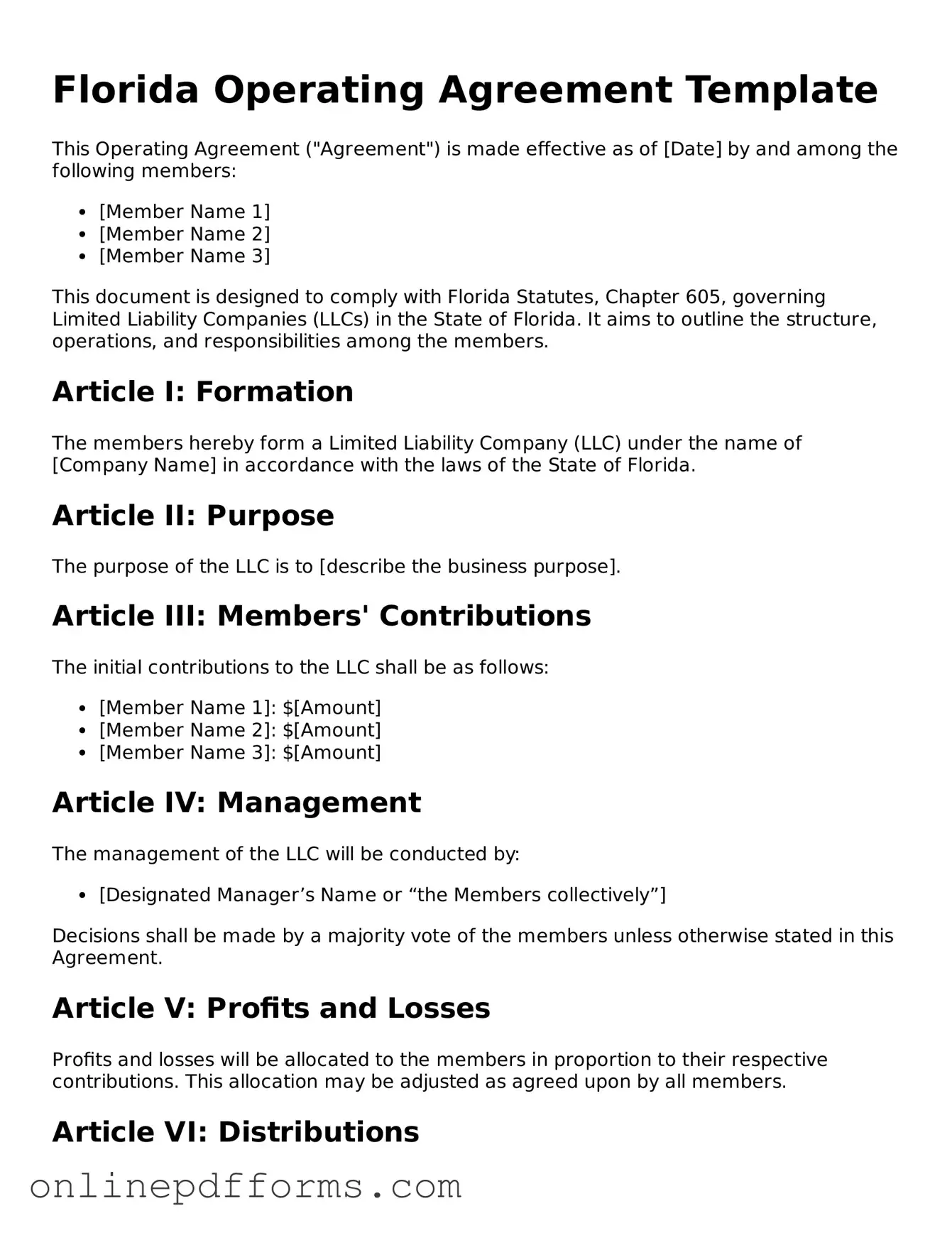 Blank Florida Operating Agreement Form