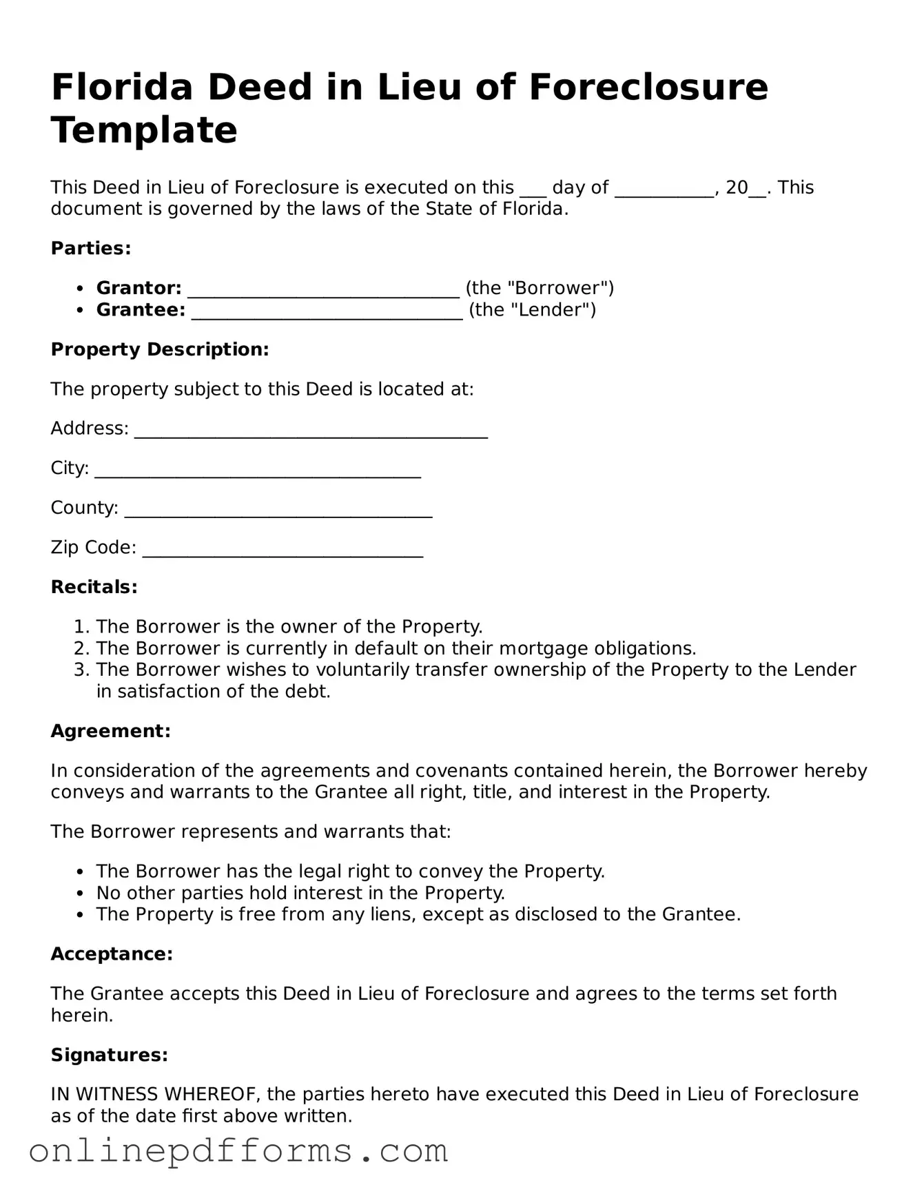 Blank Florida Deed in Lieu of Foreclosure Form