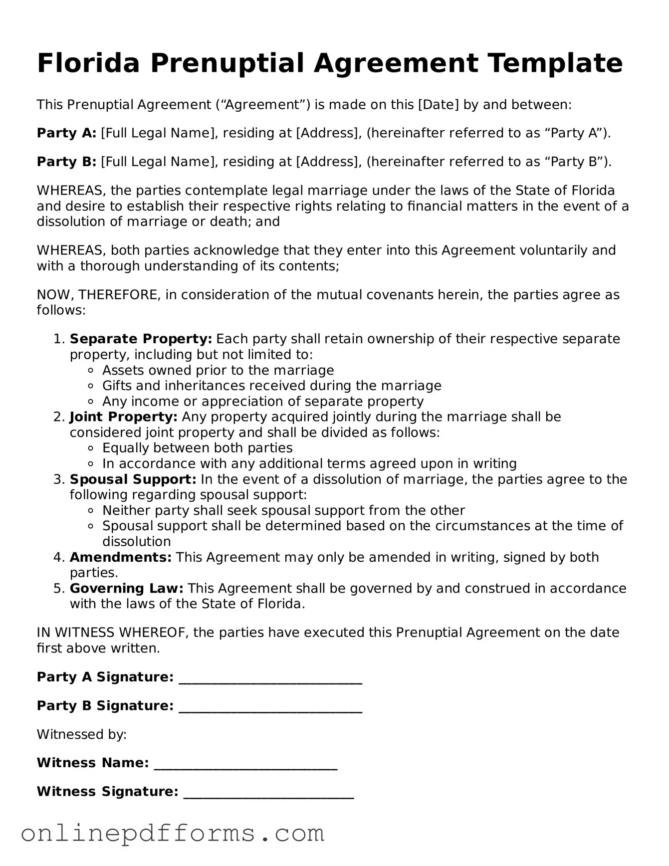 Blank Florida Prenuptial Agreement Form