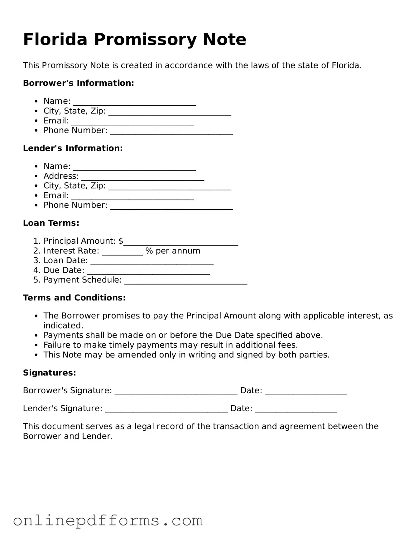 Blank Florida Promissory Note Form