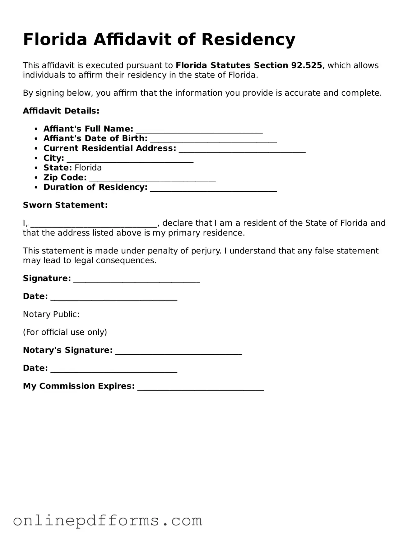 Blank Florida Affidavit of Residency Form