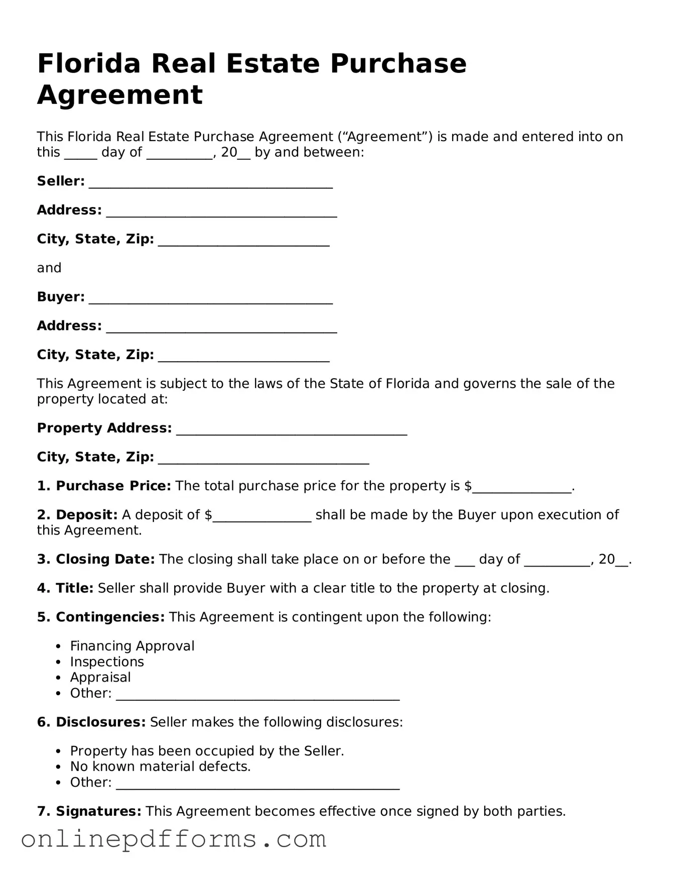 Blank Florida Real Estate Purchase Agreement Form