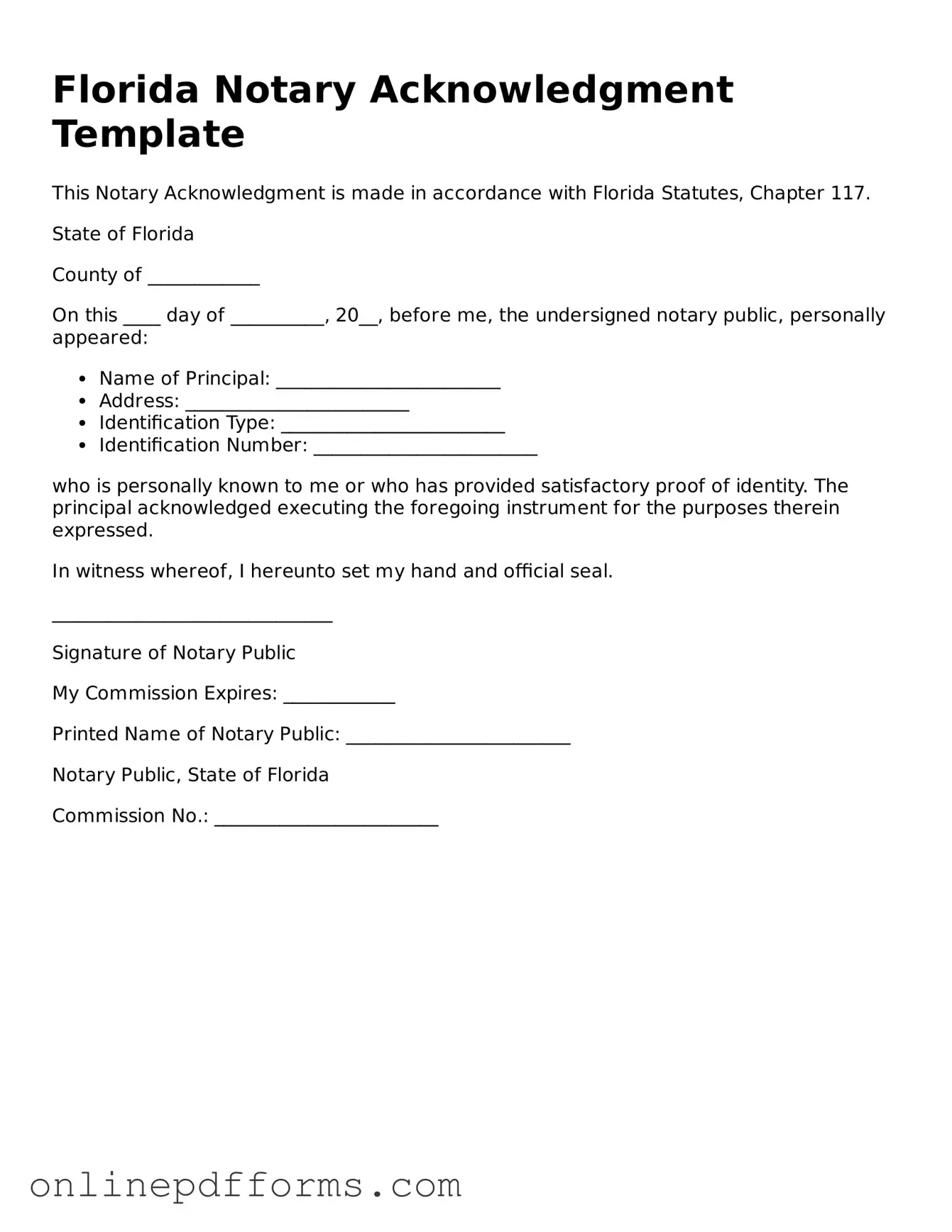 Blank Florida Notary Acknowledgement Form