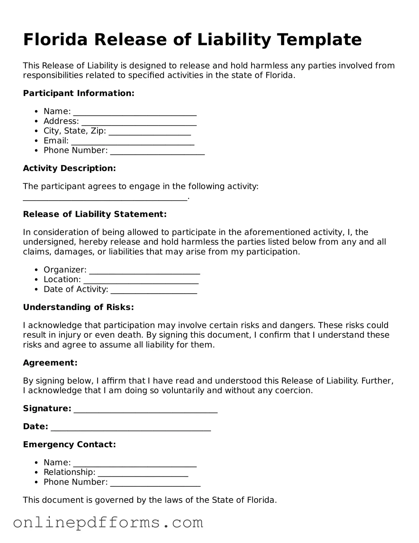 Blank Florida Release of Liability Form