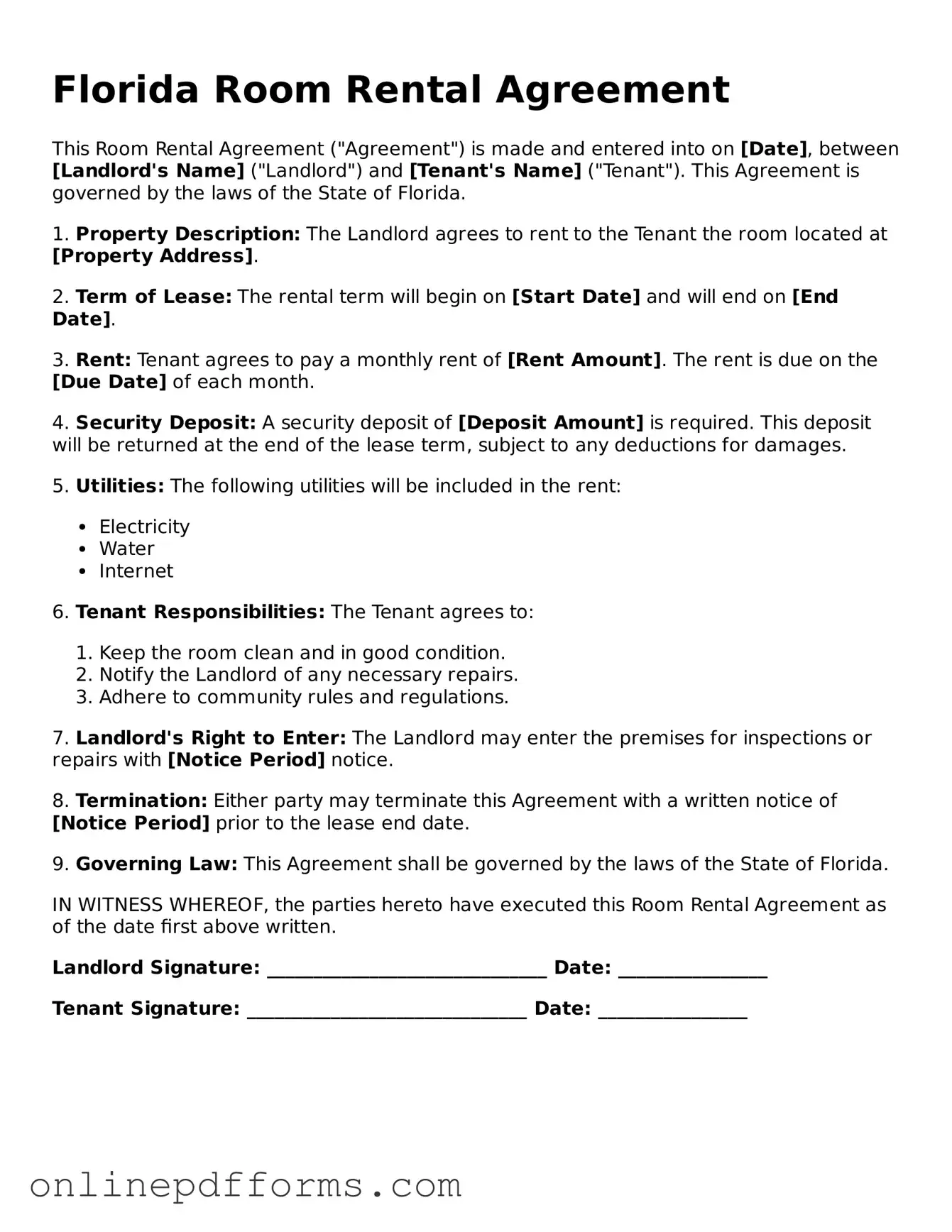 Blank Florida Room Rental Agreement Form