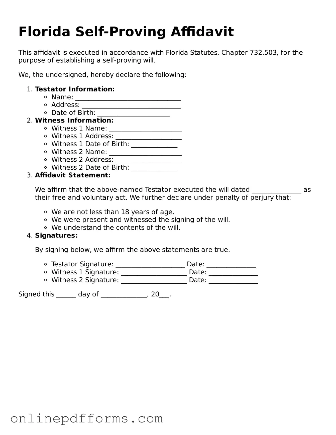 Blank Florida Self-Proving Affidavit Form