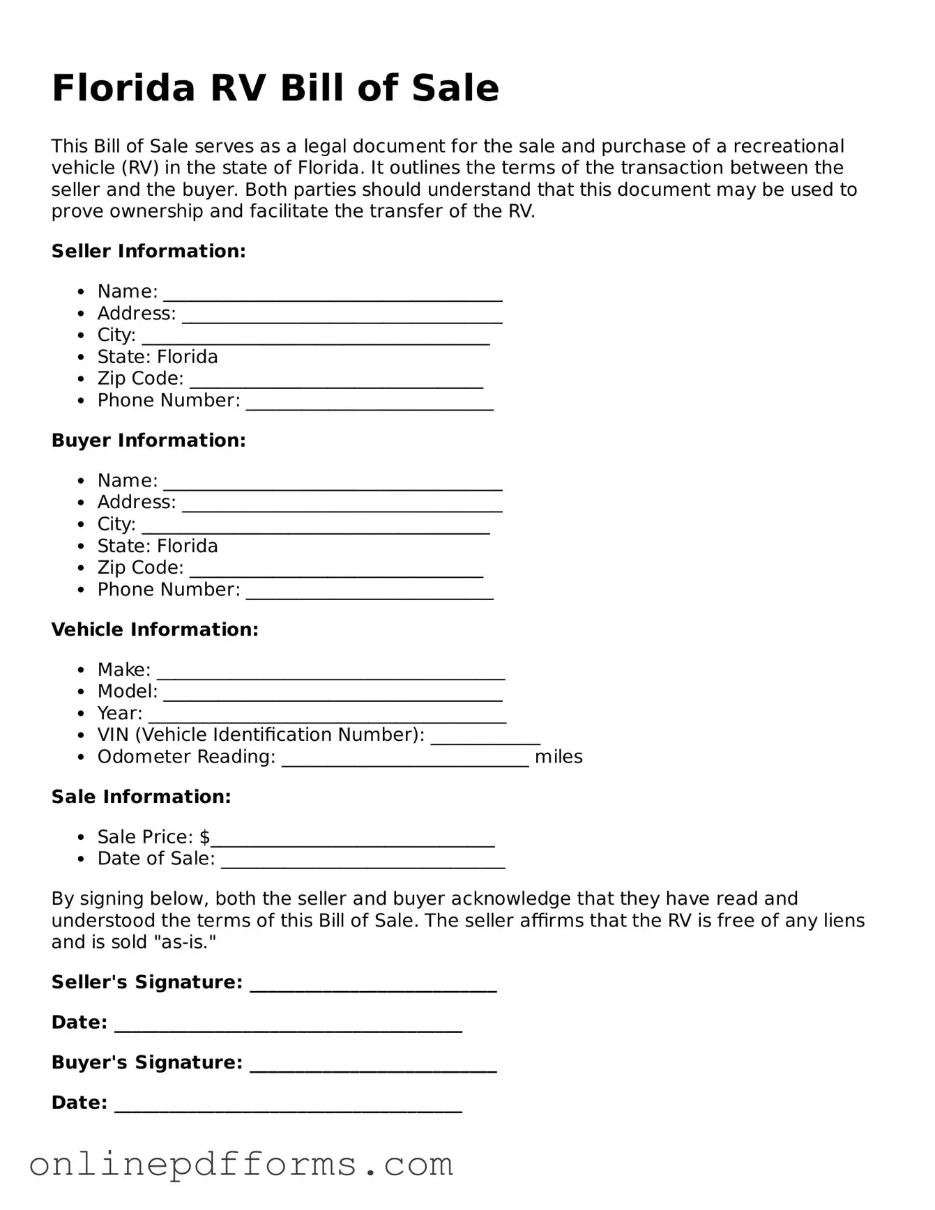 Blank Florida RV Bill of Sale Form
