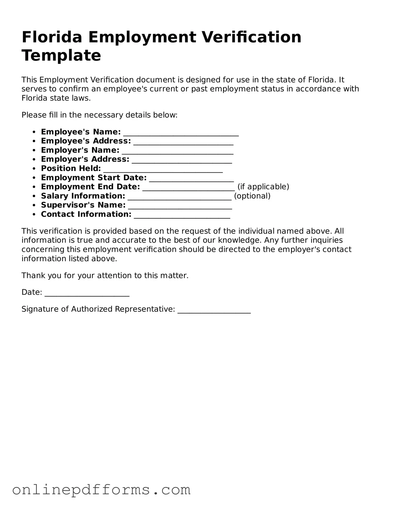 Blank Florida Employment Verification Form
