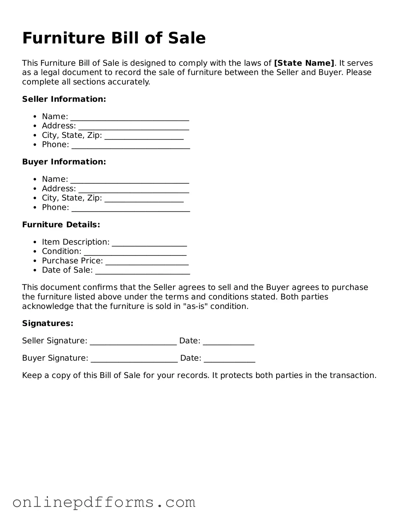 Legal Furniture Bill of Sale Form