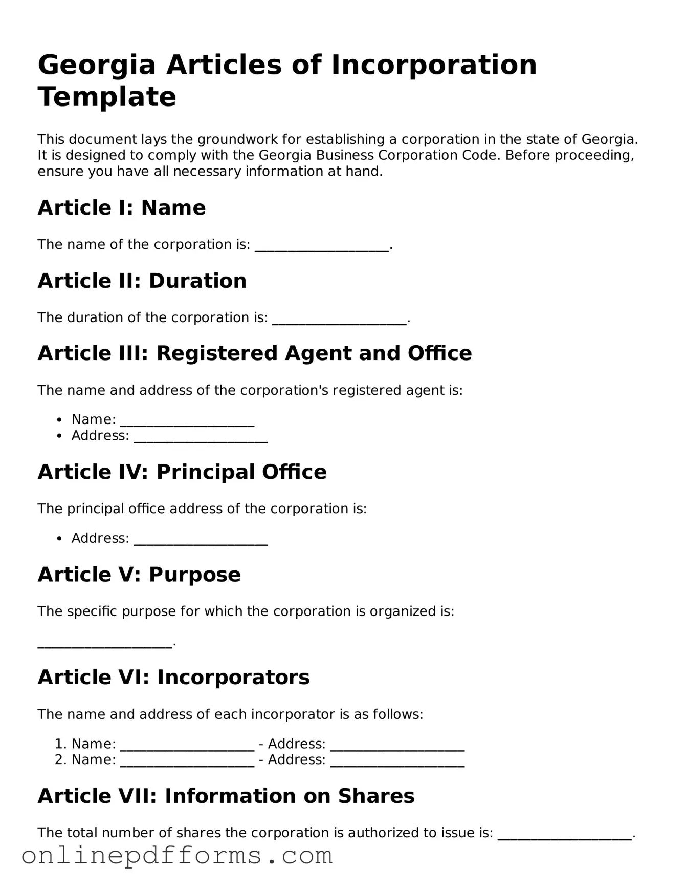 Blank Georgia Articles of Incorporation Form