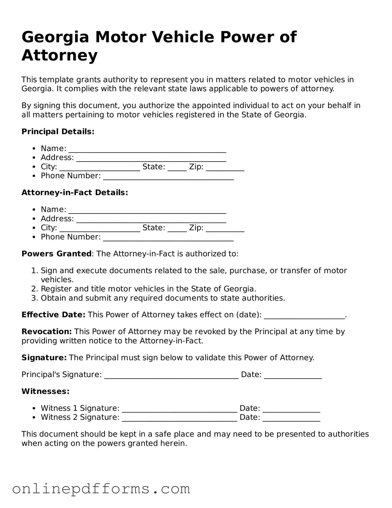 Blank Georgia Motor Vehicle Power of Attorney Form