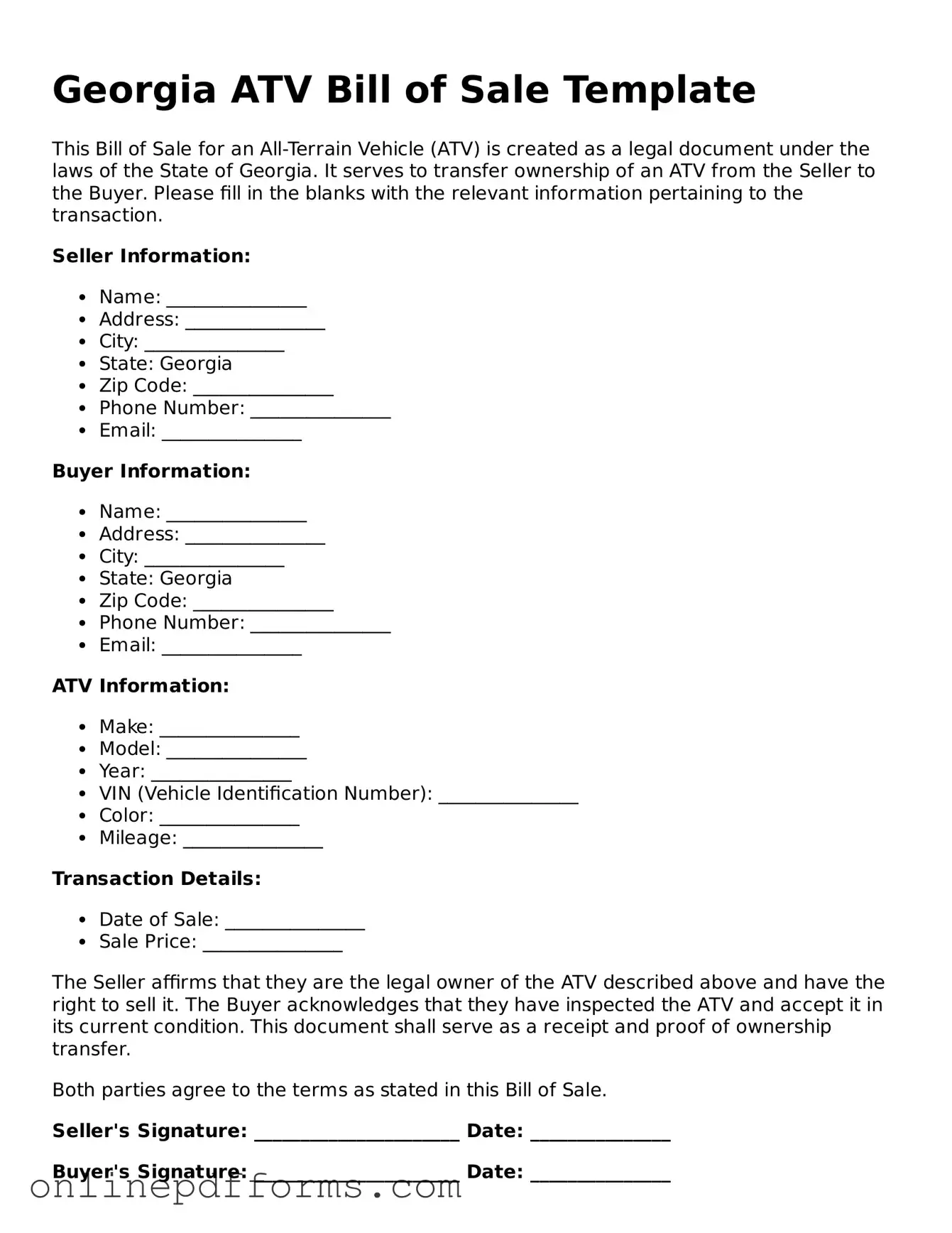 Blank Georgia ATV Bill of Sale Form