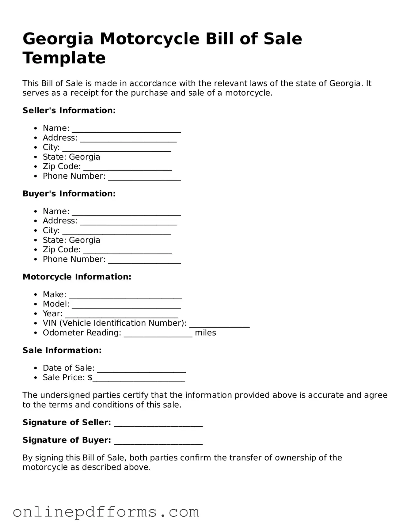 Blank Georgia Motorcycle Bill of Sale Form