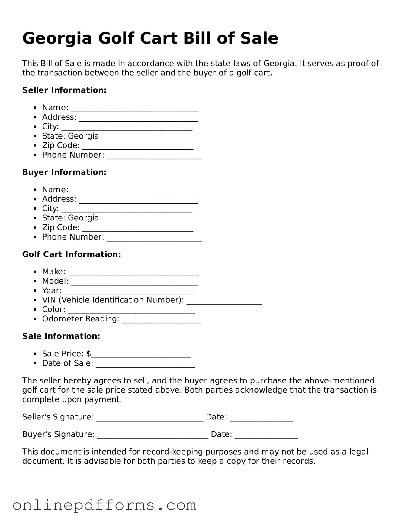 Blank Georgia Golf Cart Bill of Sale Form