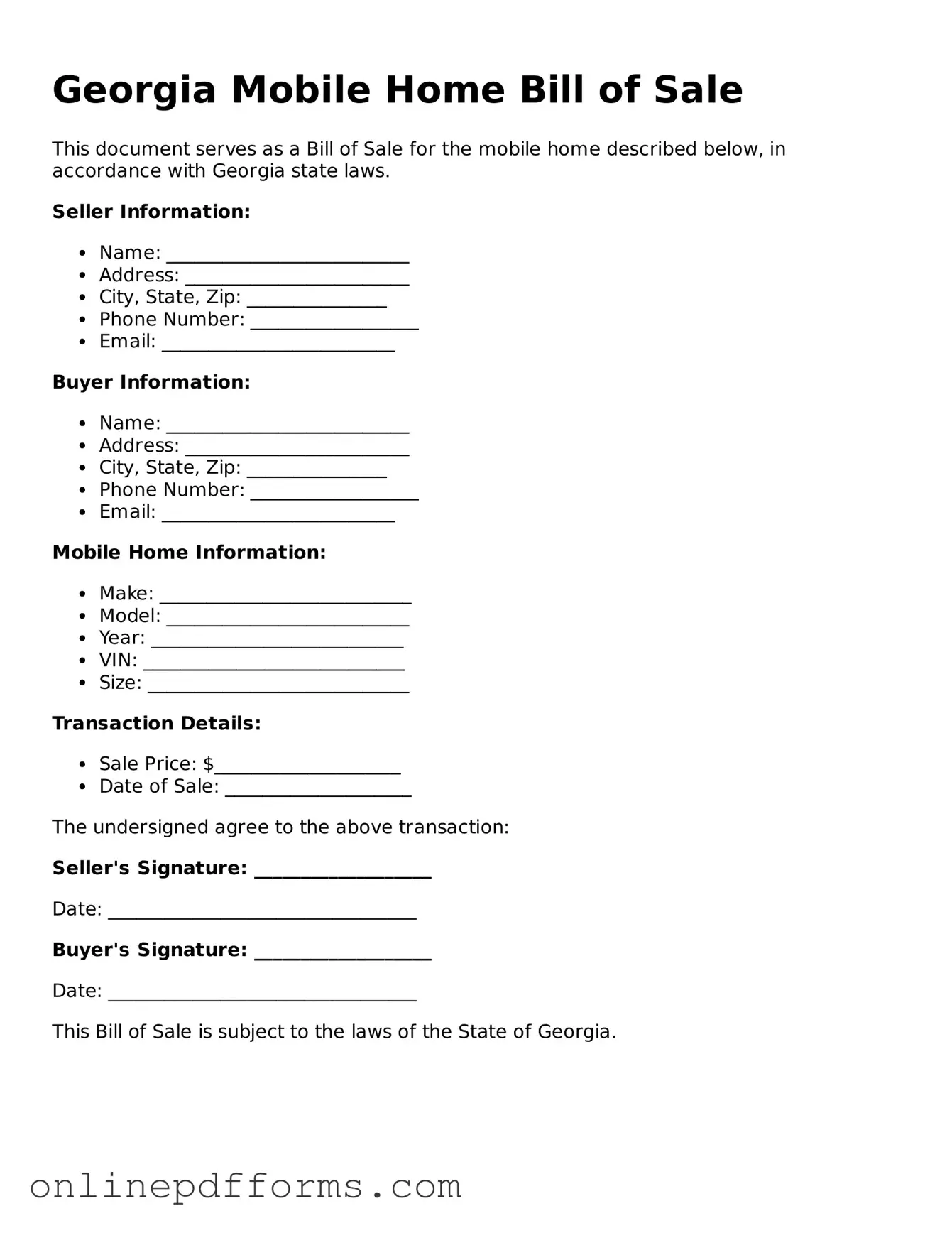 Blank Georgia Mobile Home Bill of Sale Form
