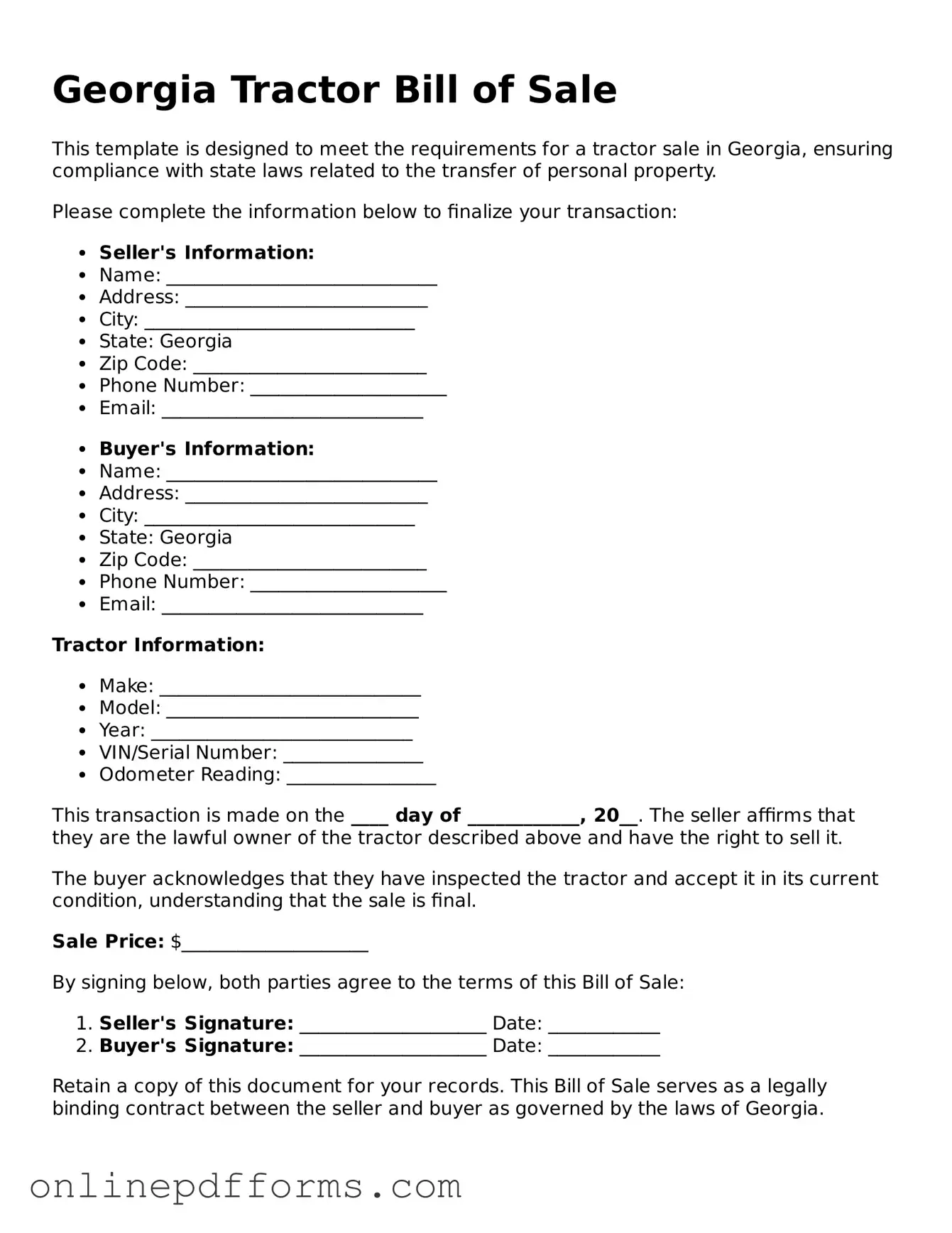Blank Georgia Tractor Bill of Sale Form