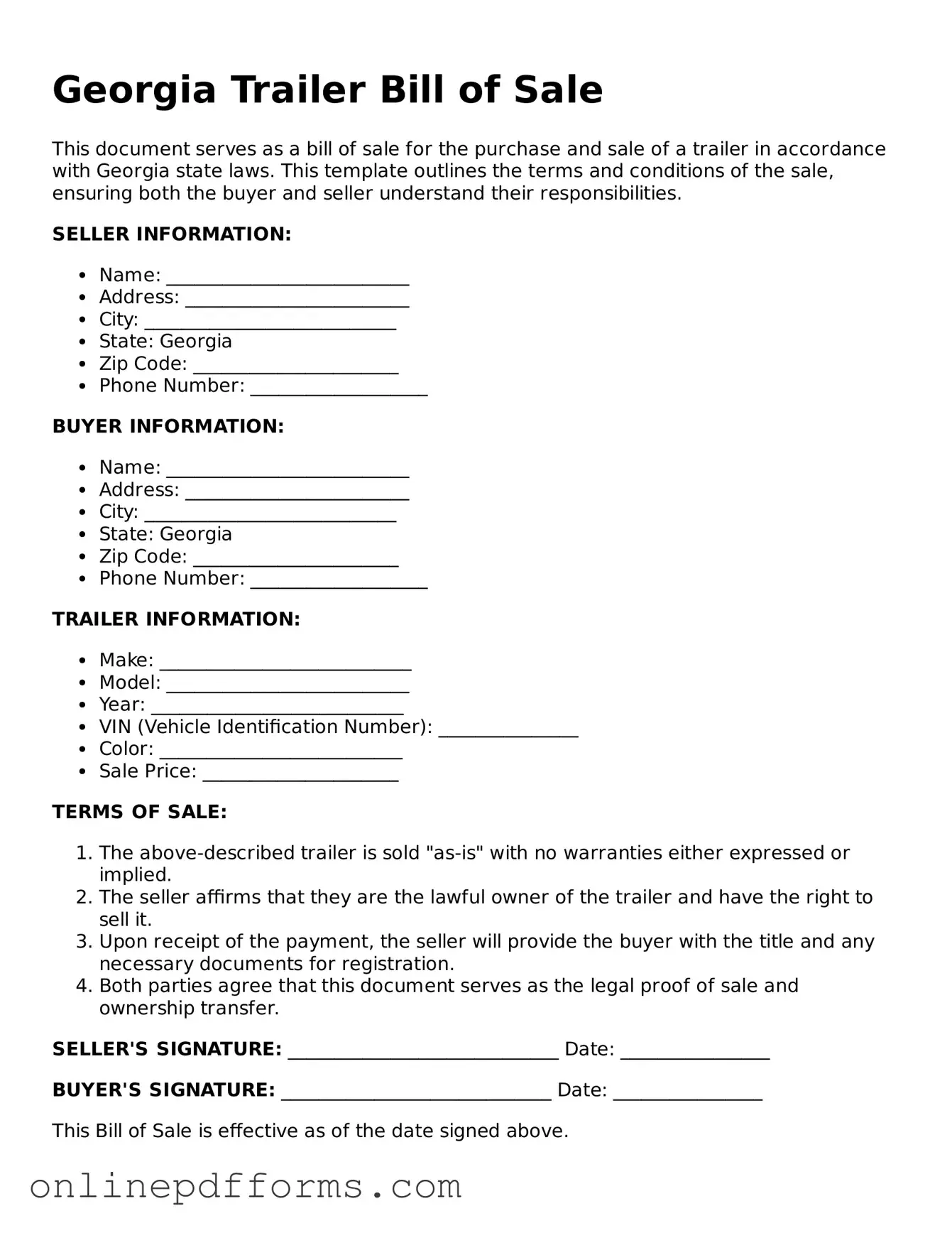 Blank Georgia Trailer Bill of Sale Form