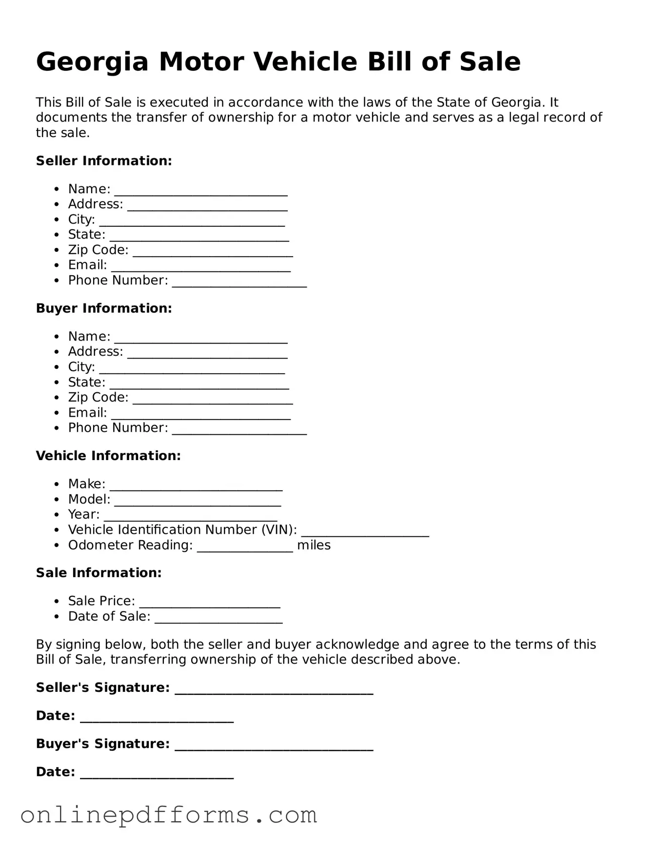 Blank Georgia Motor Vehicle Bill of Sale Form