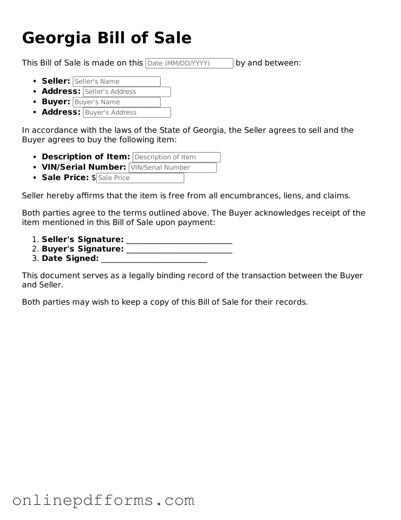 Blank Georgia Bill of Sale Form