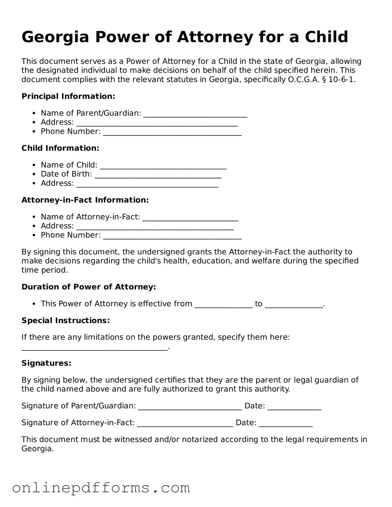 Blank Georgia Power of Attorney for a Child Form