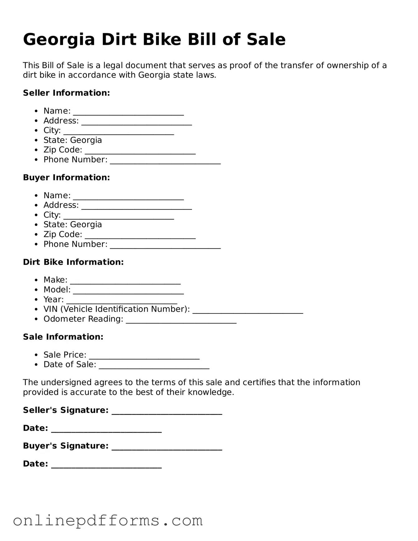 Blank Georgia Dirt Bike Bill of Sale Form