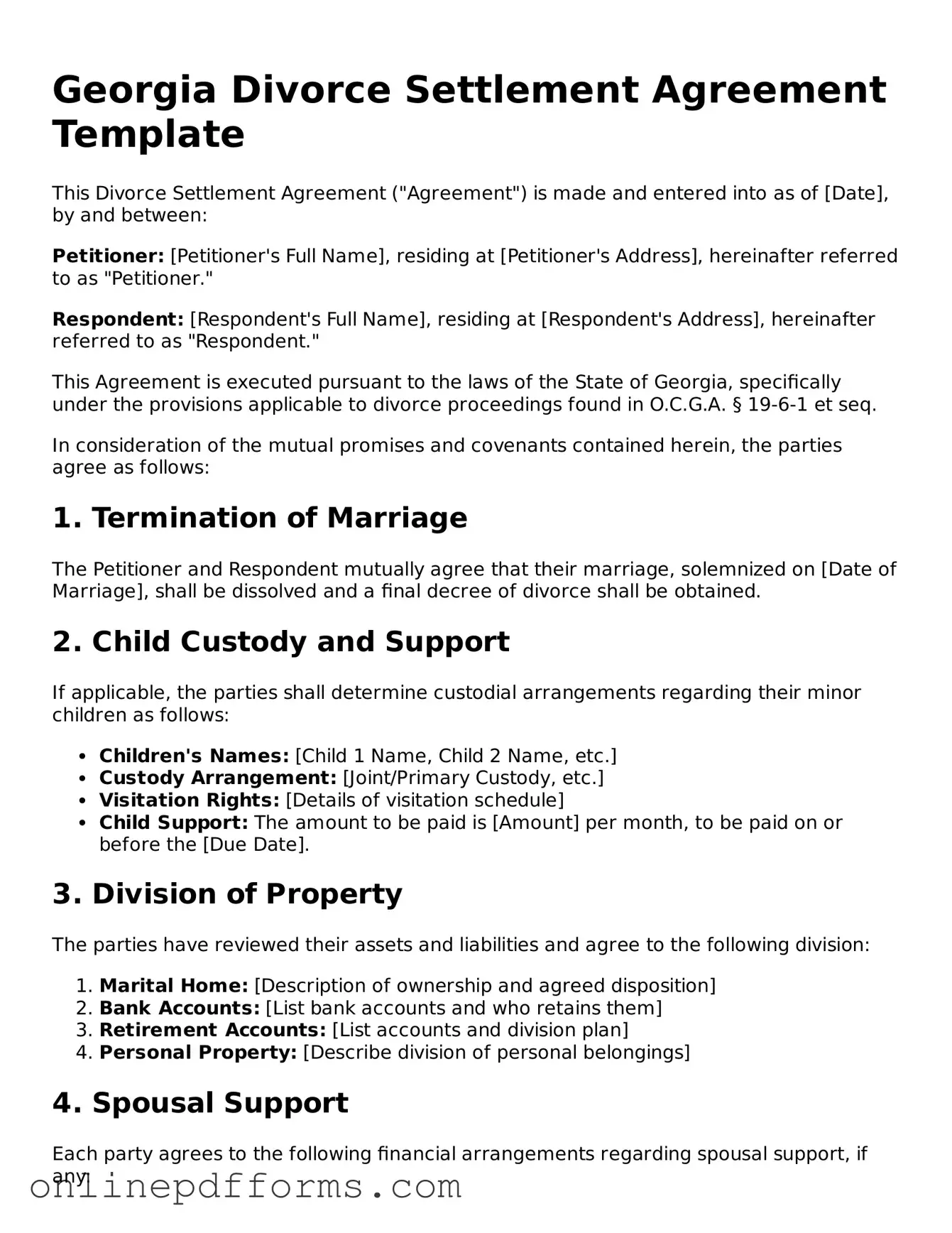 Blank Georgia Divorce Settlement Agreement Form