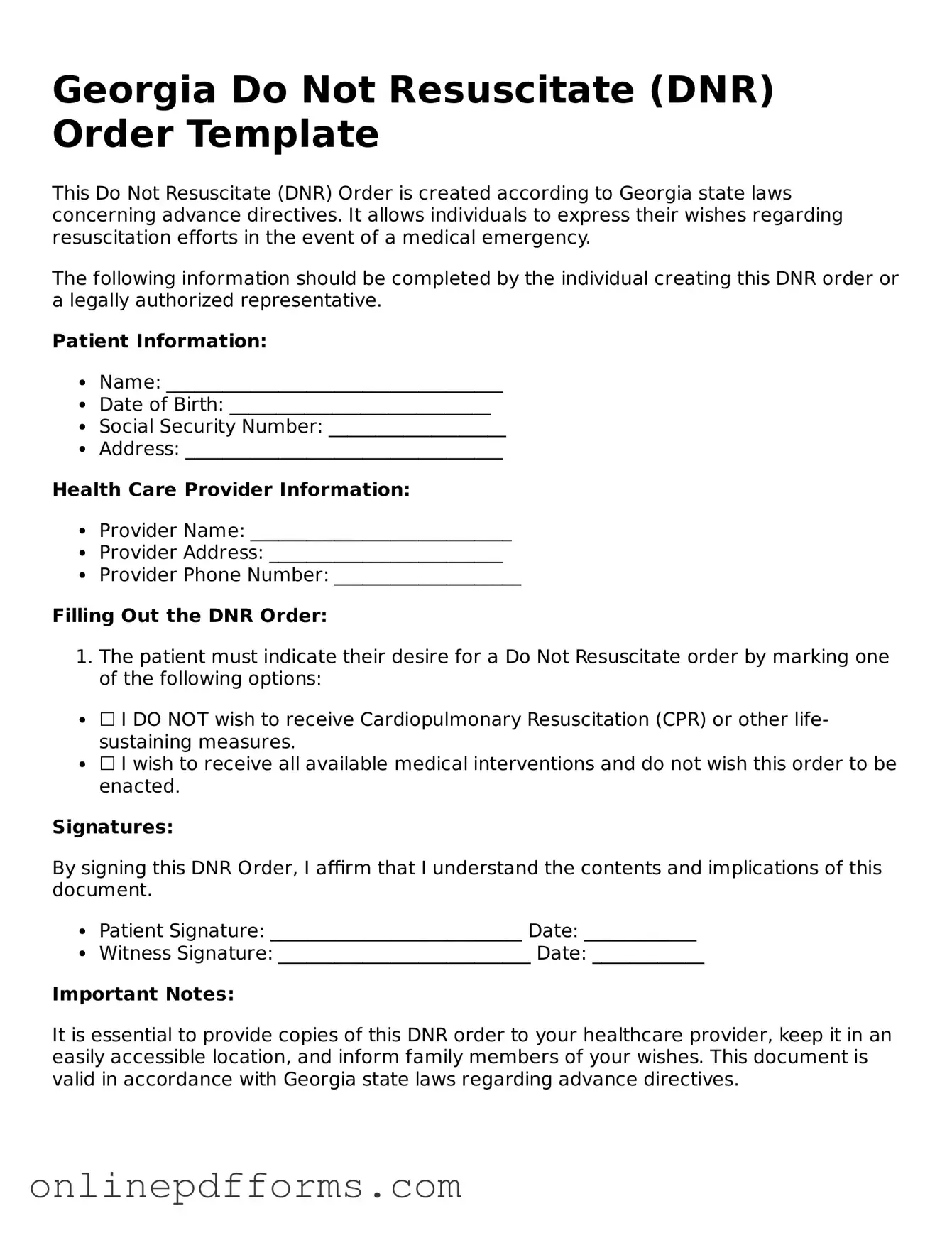 Blank Georgia Do Not Resuscitate Order Form