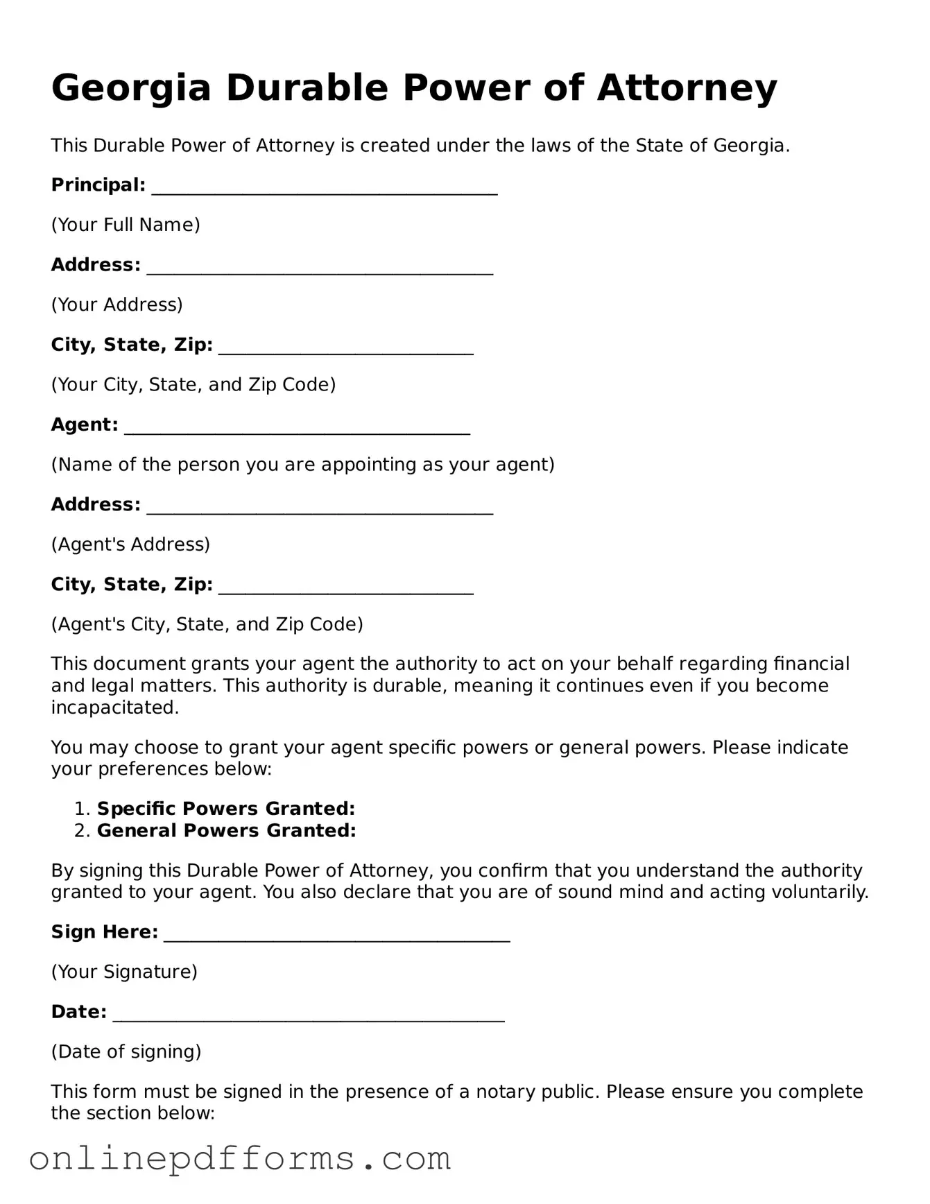 Blank Georgia Durable Power of Attorney Form