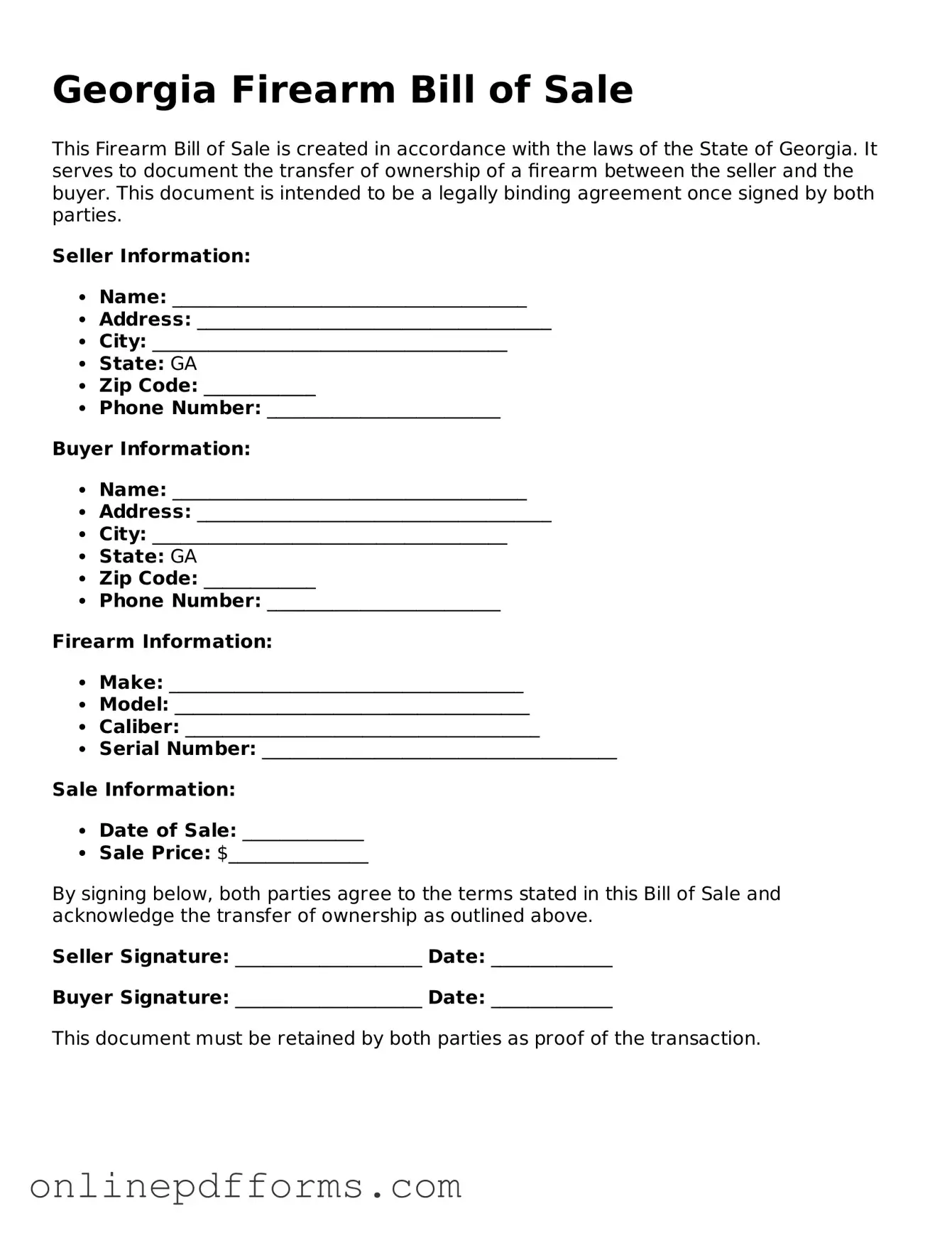 Blank Georgia Firearm Bill of Sale Form