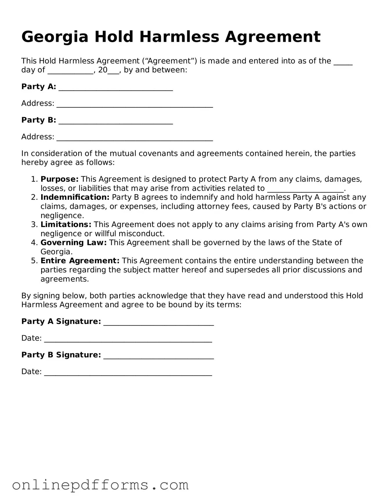 Blank Georgia Hold Harmless Agreement Form