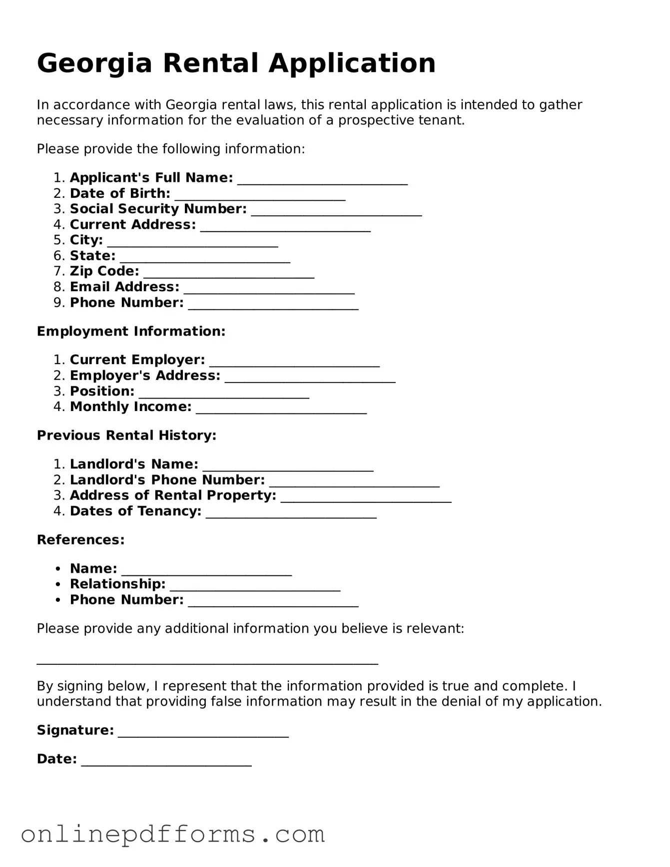 Blank Georgia Rental Application Form