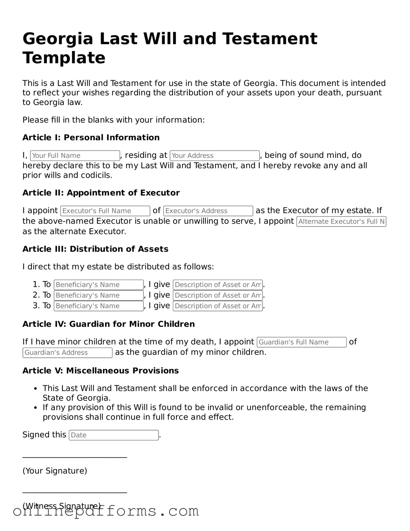 Blank Georgia Last Will and Testament Form
