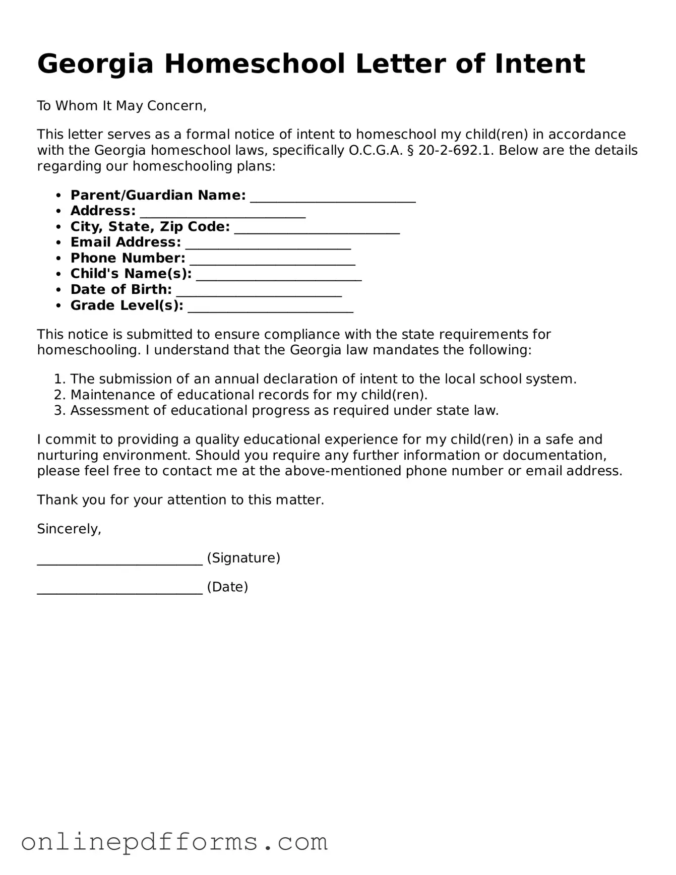 Blank Georgia Homeschool Letter of Intent Form