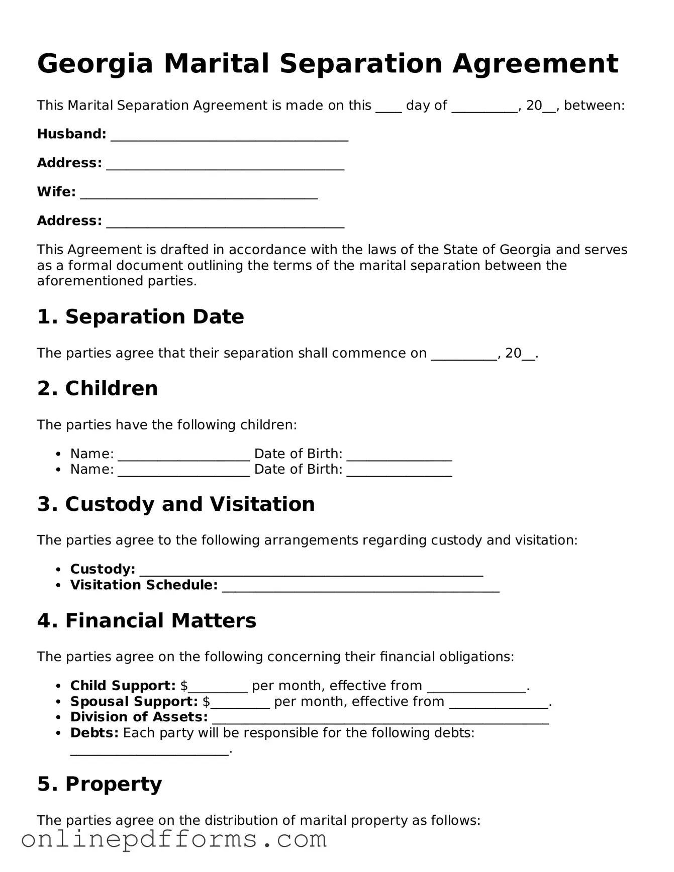 Blank Georgia Marital Separation Agreement Form