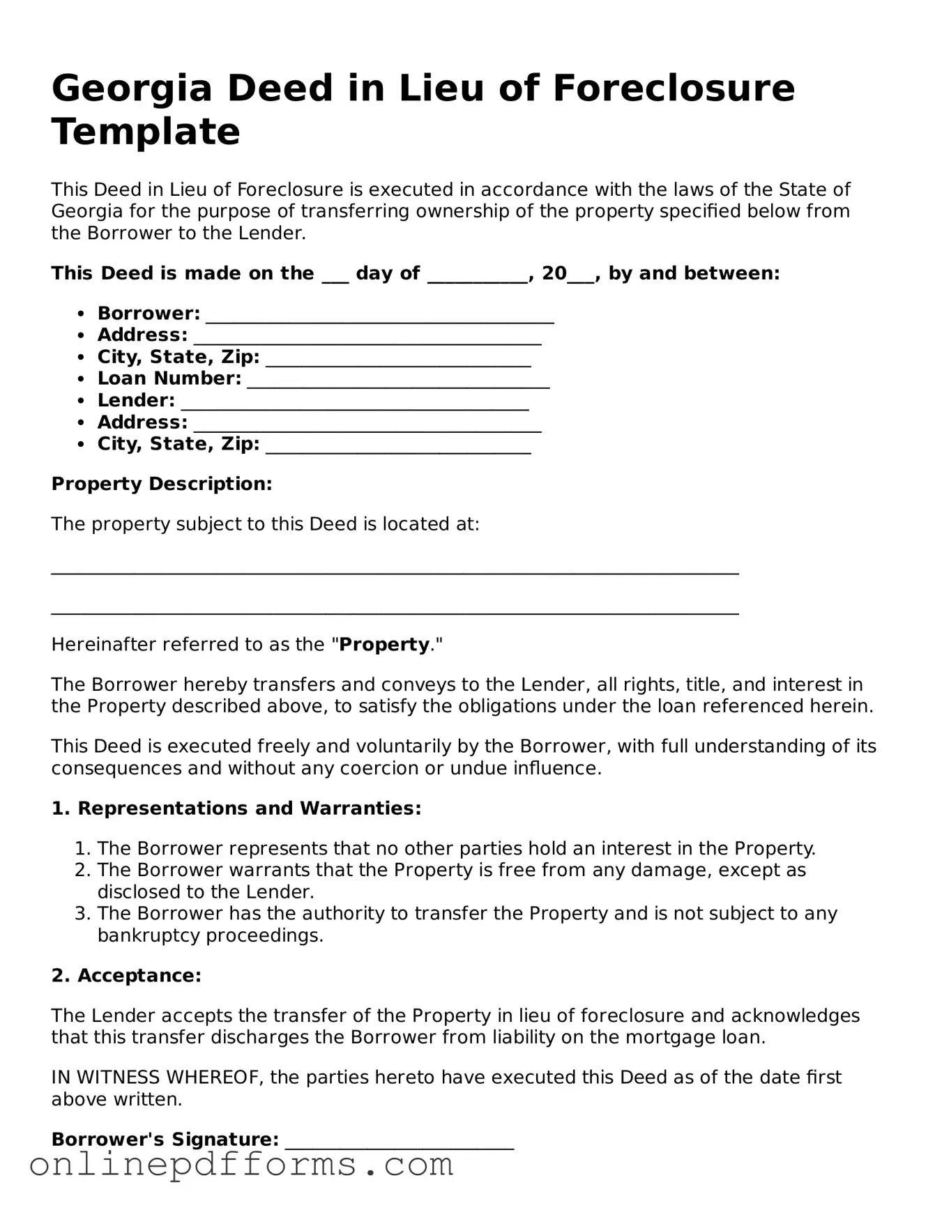 Blank Georgia Deed in Lieu of Foreclosure Form