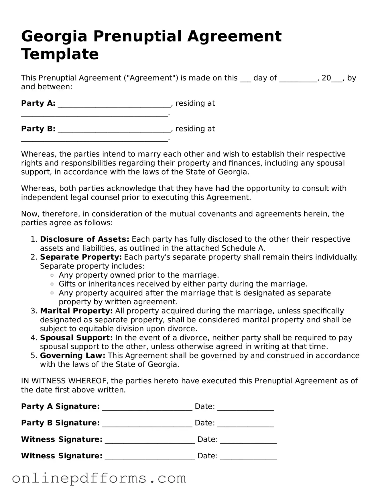 Blank Georgia Prenuptial Agreement Form