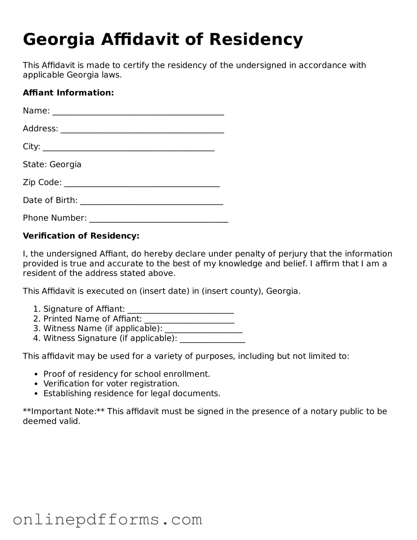 Blank Georgia Affidavit of Residency Form