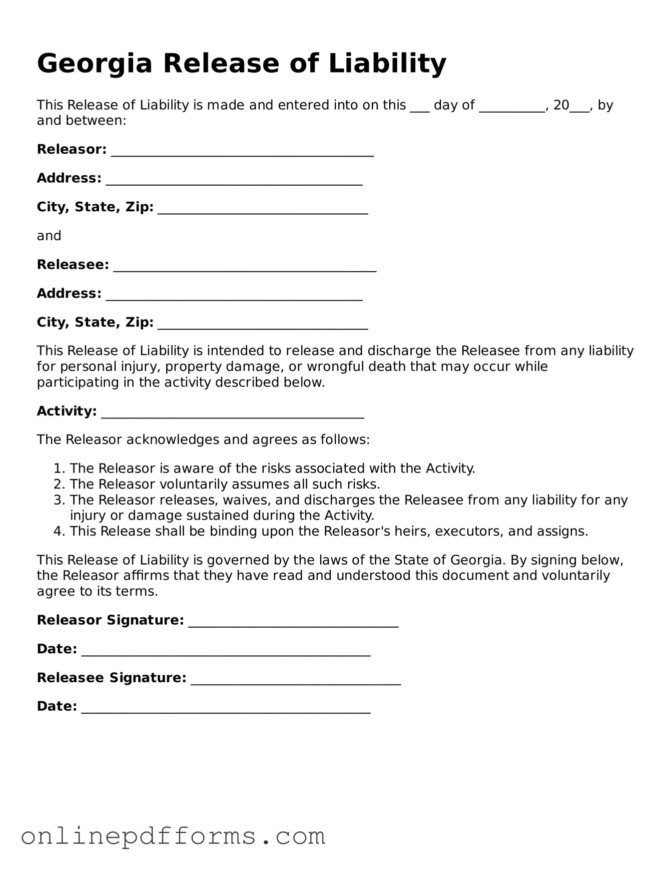 Blank Georgia Release of Liability Form