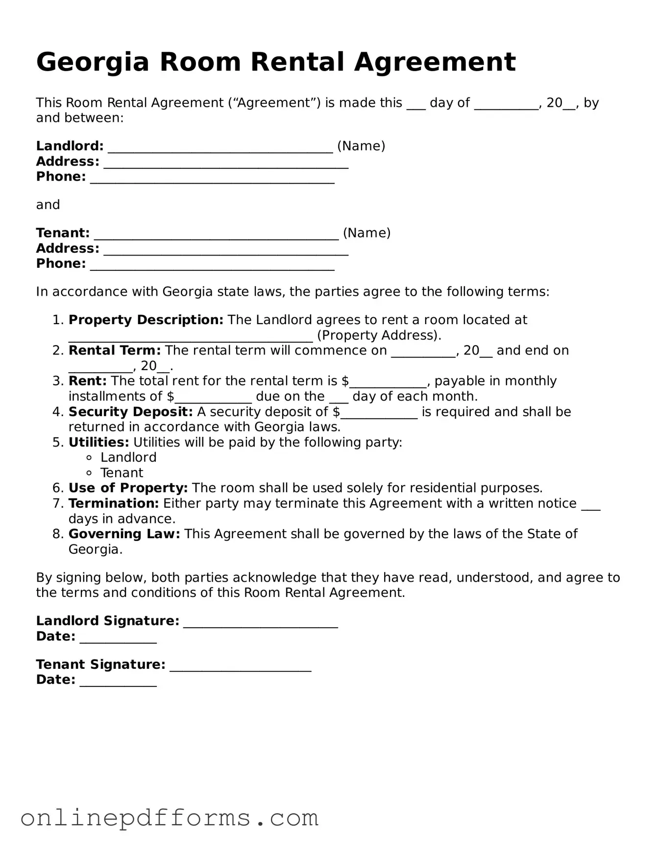Blank Georgia Room Rental Agreement Form