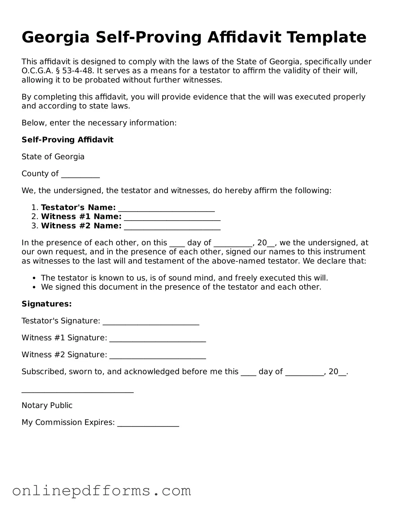 Blank Georgia Self-Proving Affidavit Form