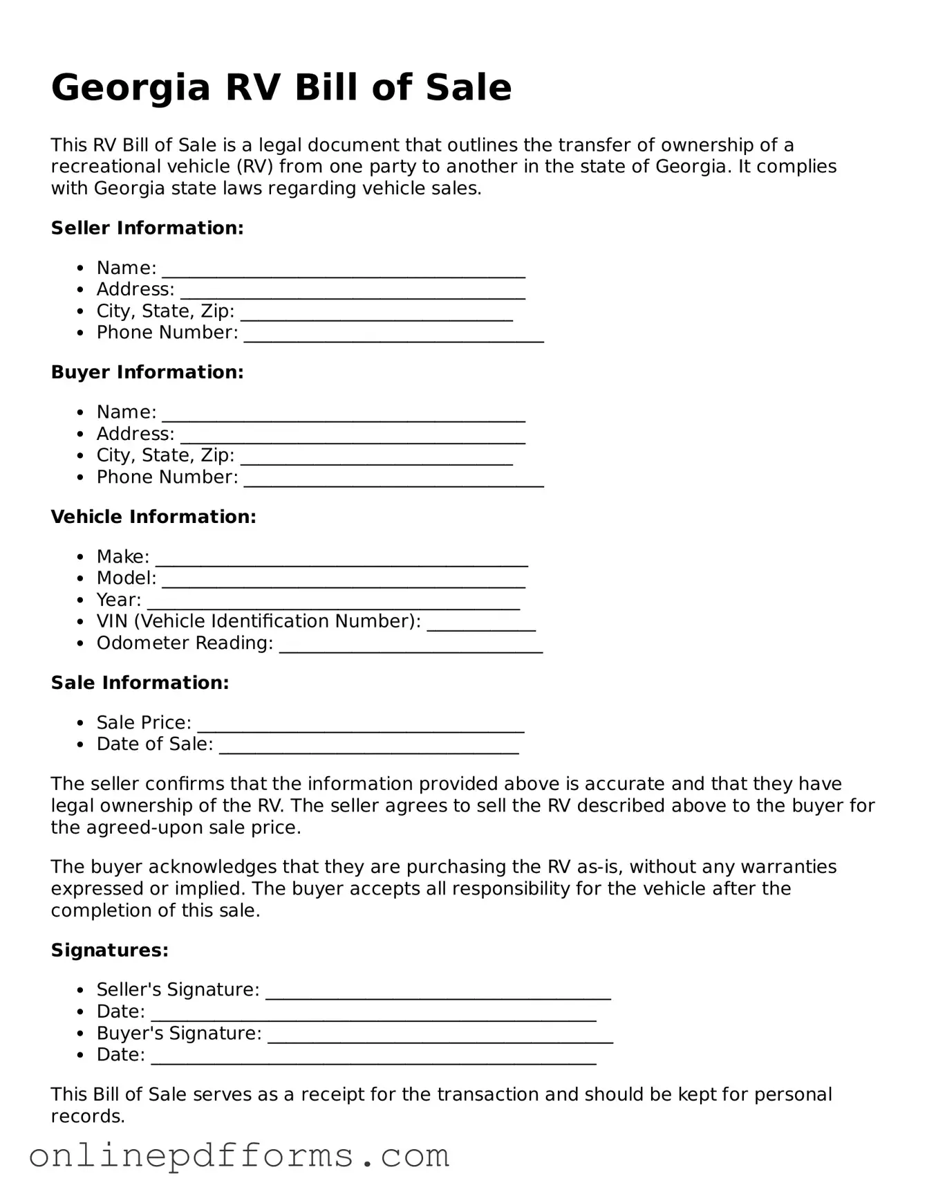 Blank Georgia RV Bill of Sale Form