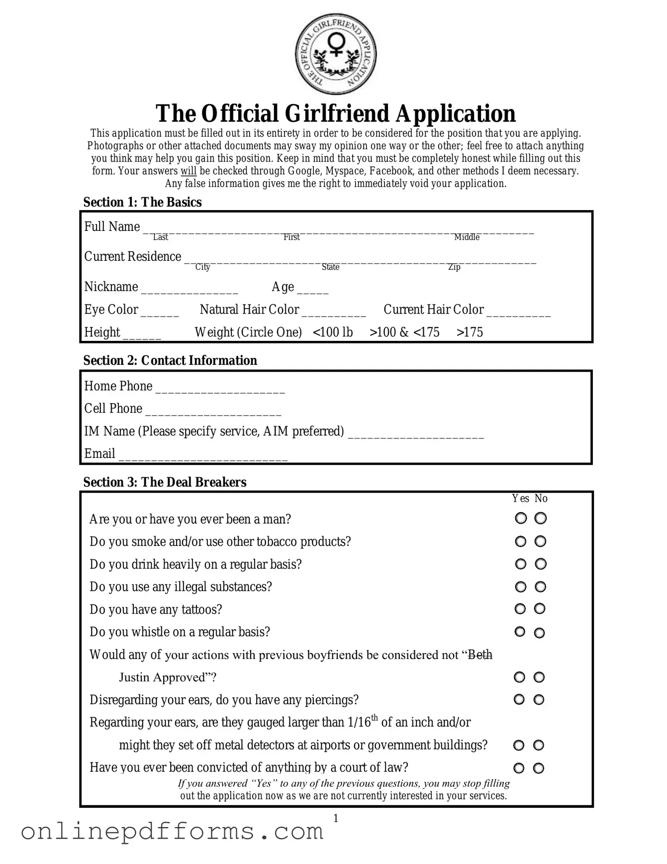 Fill in Your Girlfriend Application Template