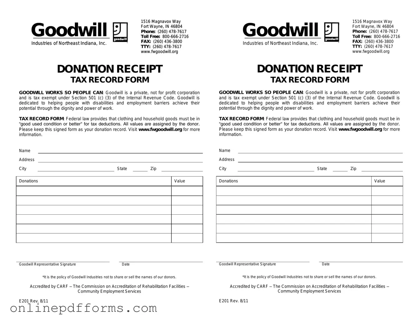 Fill in Your Goodwill donation receipt Template